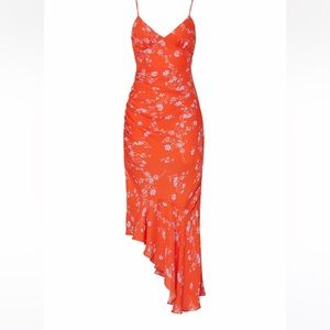 NICHOLAS Asymmetric poppy ruched printed silk-chiffon midi slip dress Size 4!